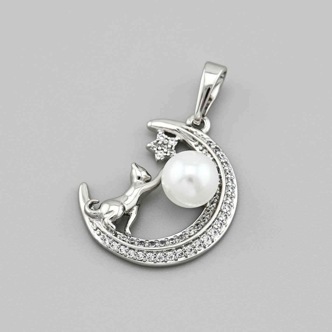 Кулон Кіт на місяці 47884 для ланцюжків до 3 мм розмір 28х18 мм штучні перли вага 2.5 г позолота БЗ, фото 1