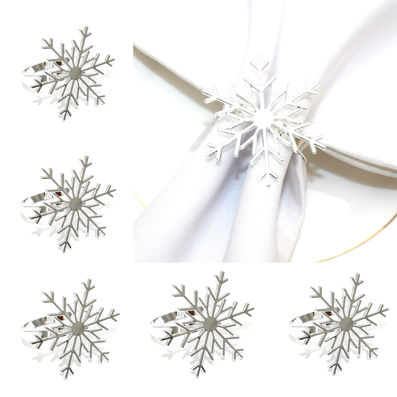 Набір кілець для серветок Leeseph Сніжинки 6 шт срібло, фото 1