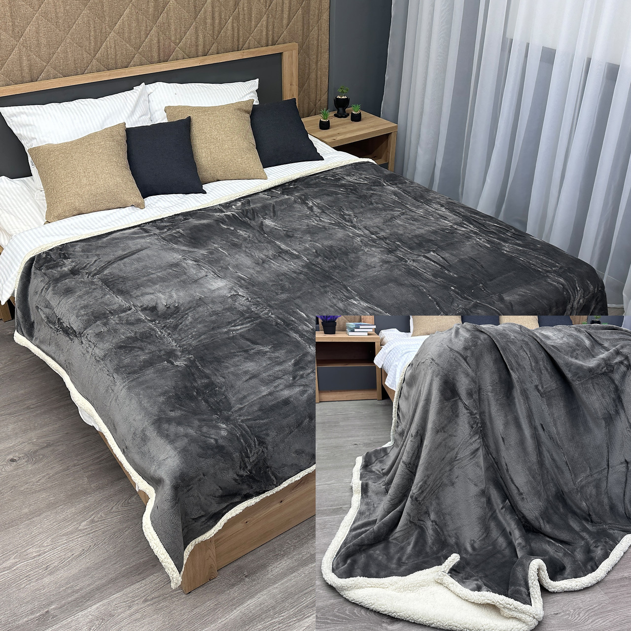 Плед двосторонній 155х200 см (+-5см) із штучною овчиною Сірий з молочним (87-065), фото 1