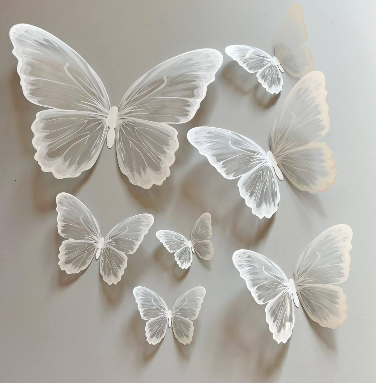 Метелики 3D на пластиковій прозорій основі білий 0,5мм 9шт, фото 1