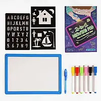 Дошка для малювання WQ 700-1 (30) 2 в 1, трафарети, маркери “пиши-стирай”, в коробці