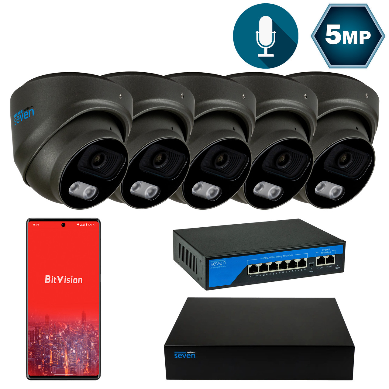 Комплект відеоспостереження на 5 купольних 5 Мп IP-камер SEVEN IP-7215B5-5MP