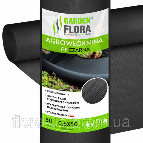 Чорний геотекстиль/агроволокно П-90 (1,6*50м) від GARDEN FLORA (Польща) – міцний захист для ґрунту і мульчування, фото 1