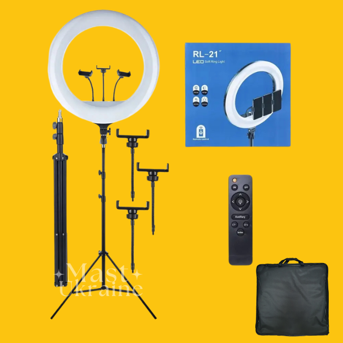 Кільцева LED лампа для селфі 54см на 3 телефони, пультом ДК, штатитвом і сумкою-чохлом Ring Light -RL-21T., фото 1