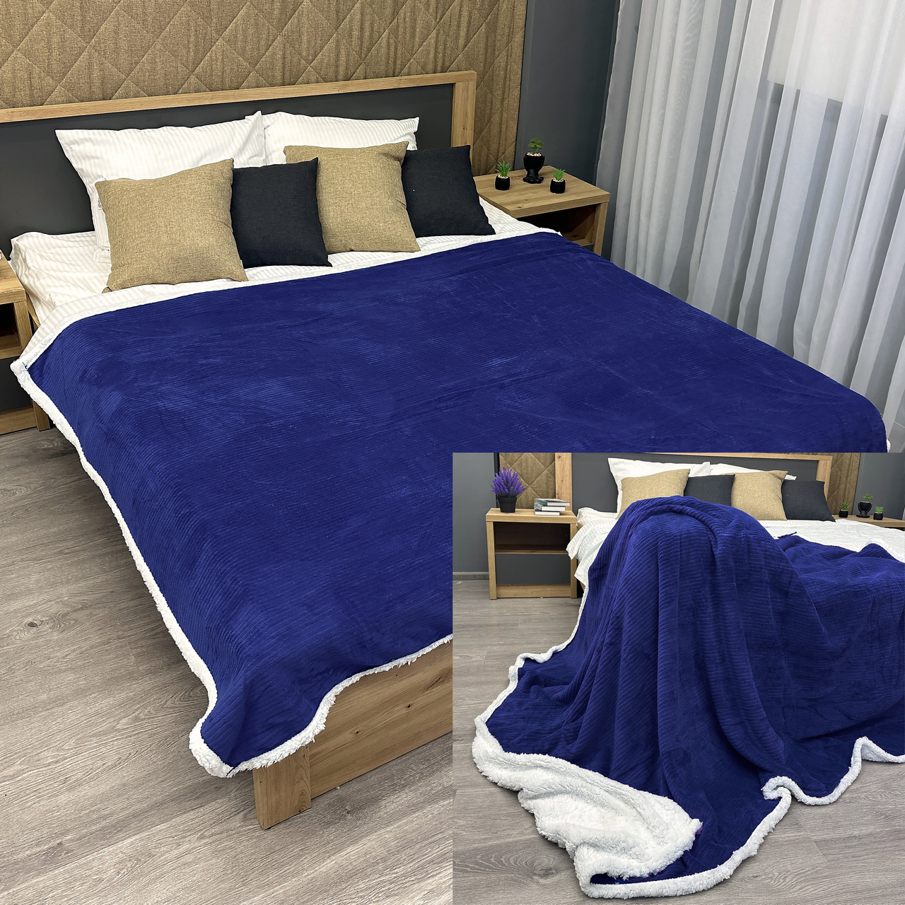 Плед двосторонній 155х200 см (+-5см) рельєфний із штучною овчиною Синій з білим (87-077), фото 1