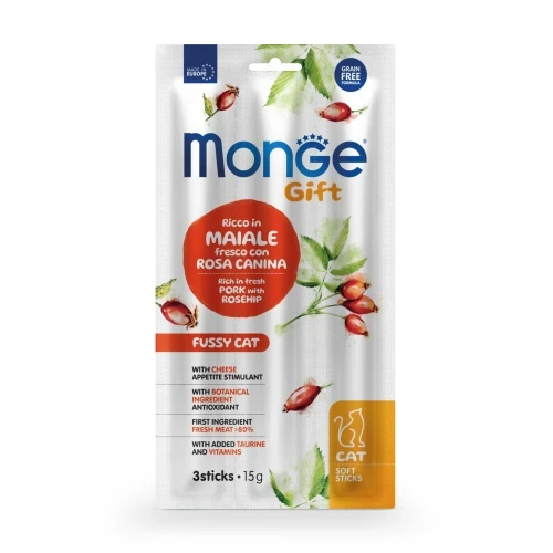 Ласощі для котів Monge (Монж) Gift Fussy Cat свинина з шипшиною і сиром 15 гр 35 шт