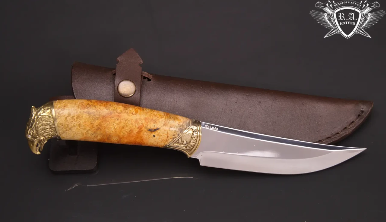 Ніж ручної роботи "Сокол 1" 130х35х2.4мм з інструментальної сталі та колодкою з капа клена, фото 1