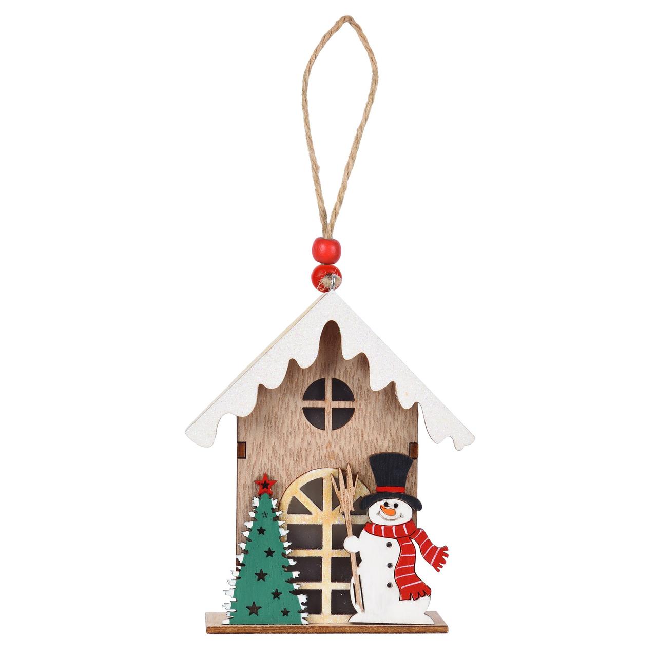 Фігурка новорічна Yes! Fun Будиночок зі сніговиком 11см дерево LED, фото 1