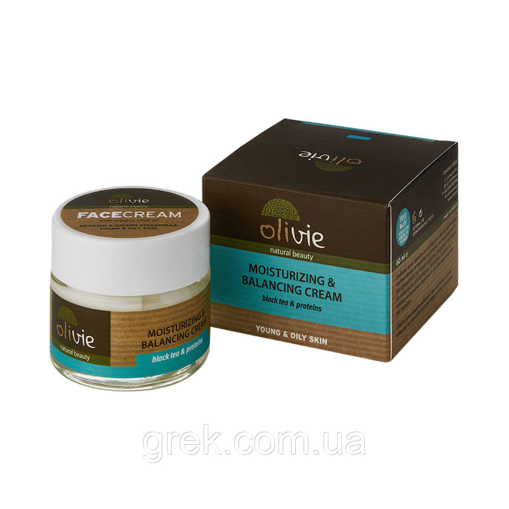 Крем для обличчя зволожуючий та балансуючий з чорним чаєм та протеїнами 60 мл Olivie, фото 1