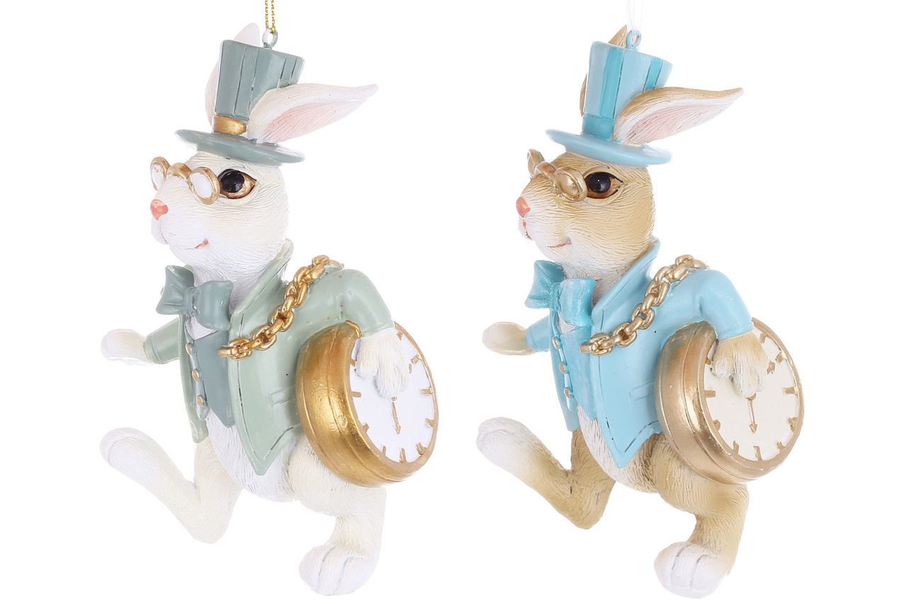 Фігурка-підвіска полістоун "Кролик з годинником" 8,5х6х13,5см коричн. з блакитним,білий з м'ятним, фото 1