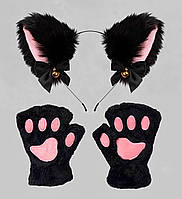 Набір "Кішка" 2 в 1 обруч вушка та рукавички мітенки хутряні Чорний, Унісекс WUKE One size