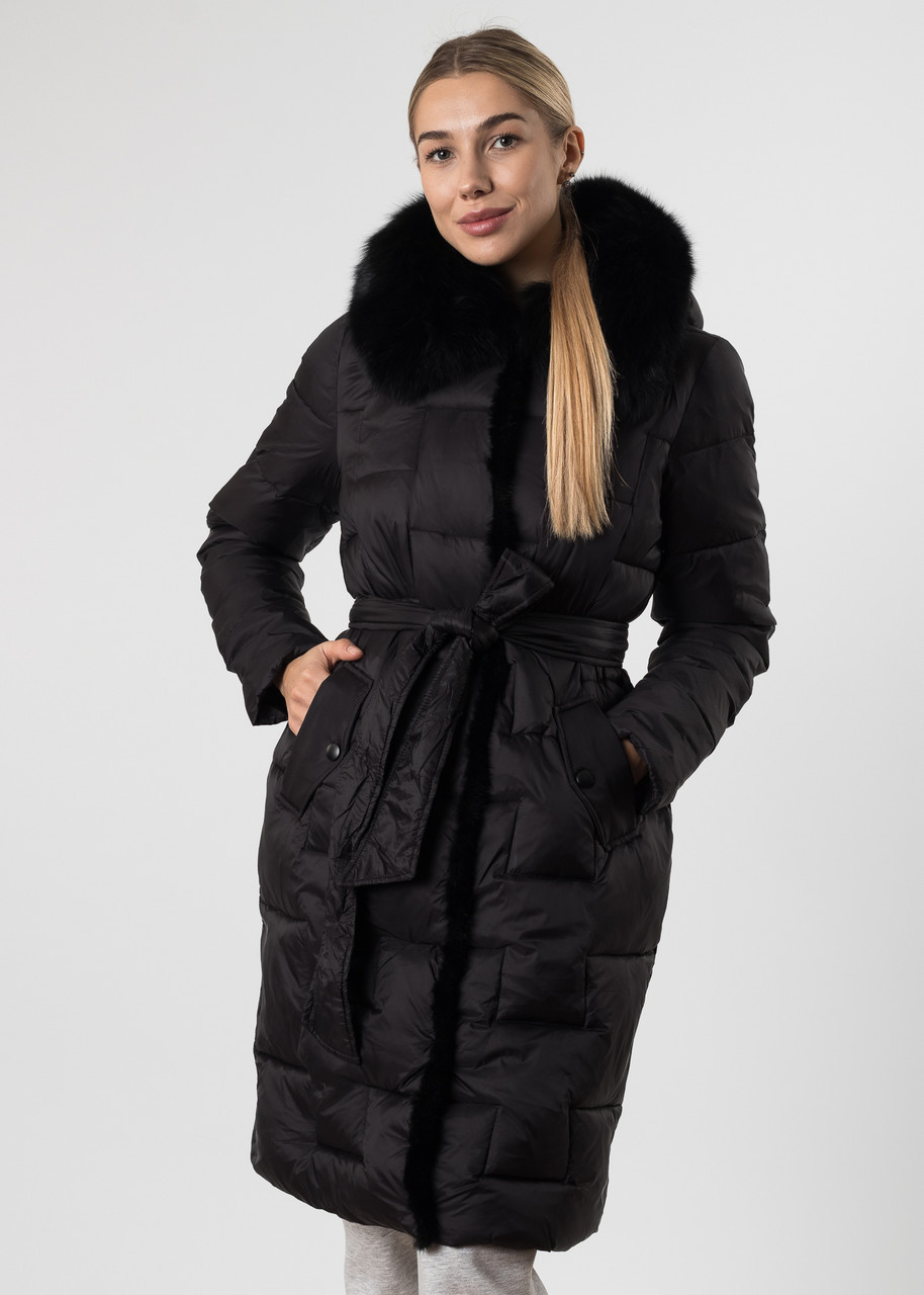 Женский зимний пуховик до колен с теплым мехом удобная куртка длинная черная 4XL XL, фото 1
