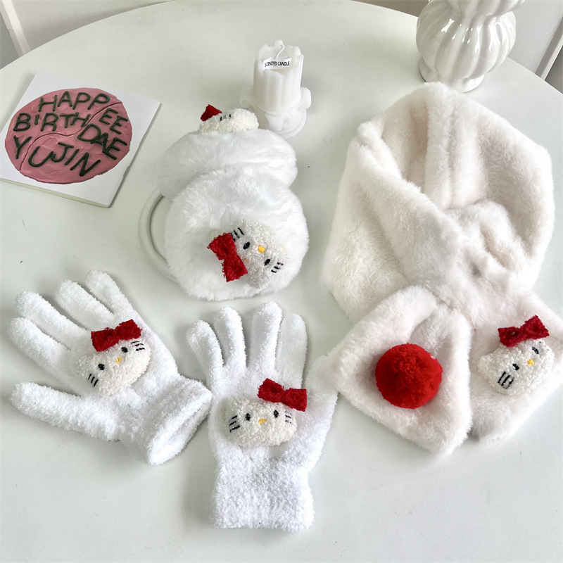 Теплий зимовий набір - жіночий навушники, шарф, рукавички hello kitty дитячий