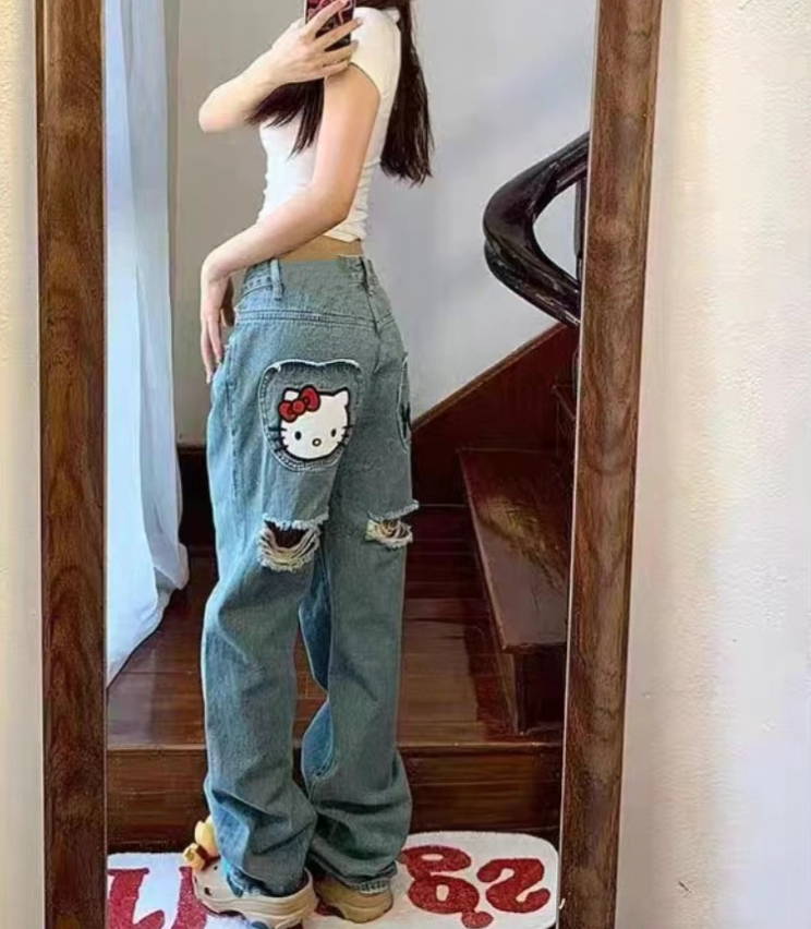 Джинсы с принтами hello kitty, kuromi, широкие джинсы, модные джинсы, палацо, женские джинсы, baggy