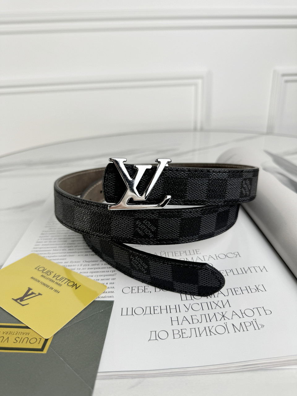 Вузький ремінь Луї Віттон Louis Vuitton чорний картатий срібло, фото 1