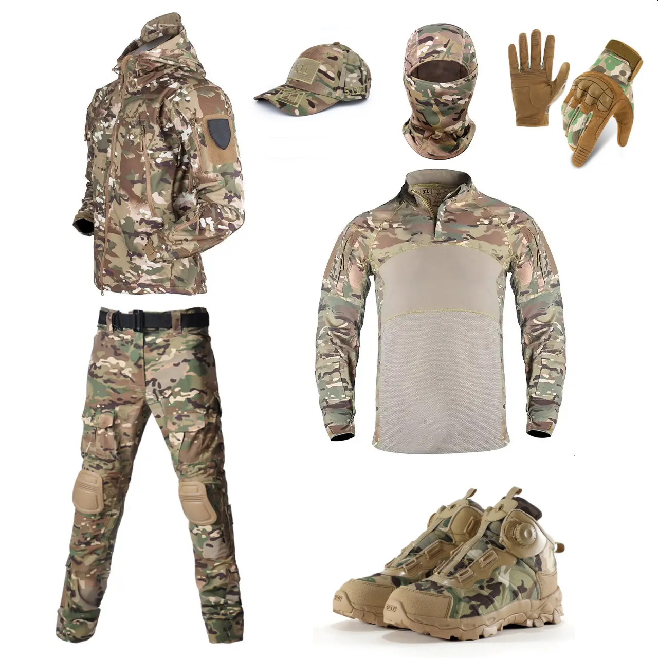 Комплект Форми тактика мультикам 7в1 куртка на флісі софтшел + штани + убакс + панама + балаклава + рукавички, фото 1