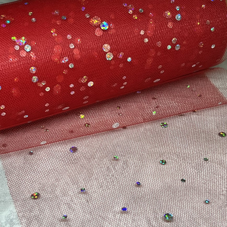 Фатин -срібляста кнопка, ширина 15 см, колір червоний, відрізок 1 м, Червоний, фото 1