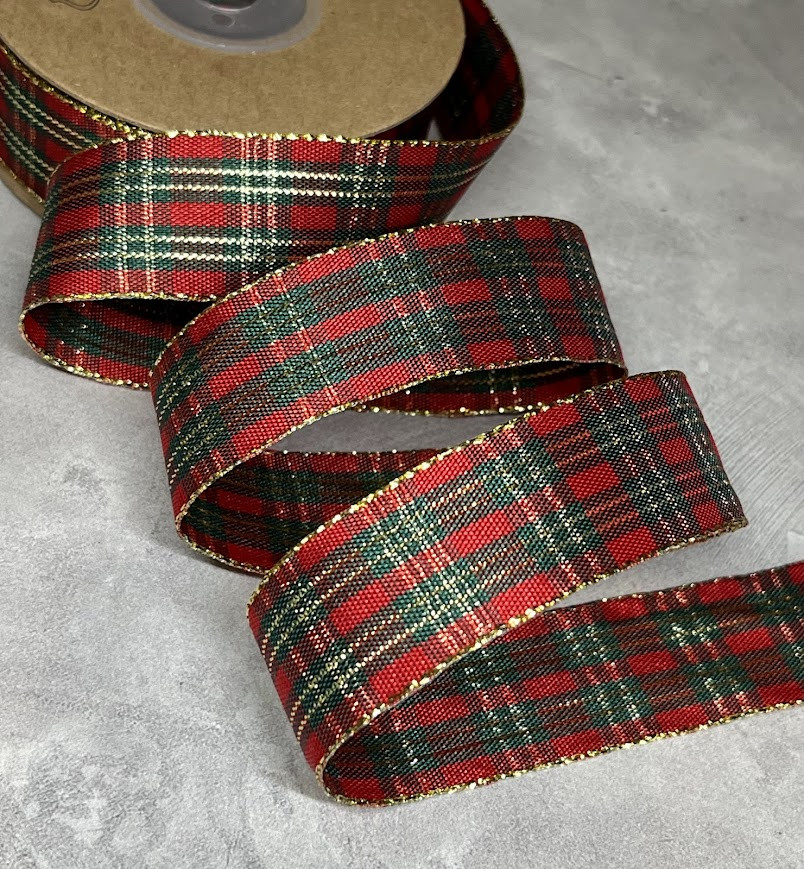 Стрічка Шотландка 2,5 см, червоний-золото-зелений, метр, Різнокольоровий, фото 1