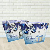 Новорічна упаковка для цукерок з ручками-шнурками синя 600 - 700 г. Н72