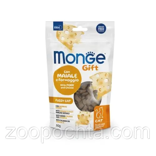 Ласощі для котів Monge (Монж) Gift Fussy Cat свинина і сир 60 гр 10 шт, фото 1