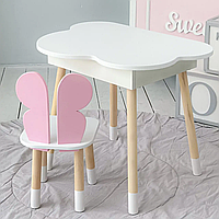Дитячий комплект столик Хмара з нішою + стільчик Метелик (Білий з рожевим)