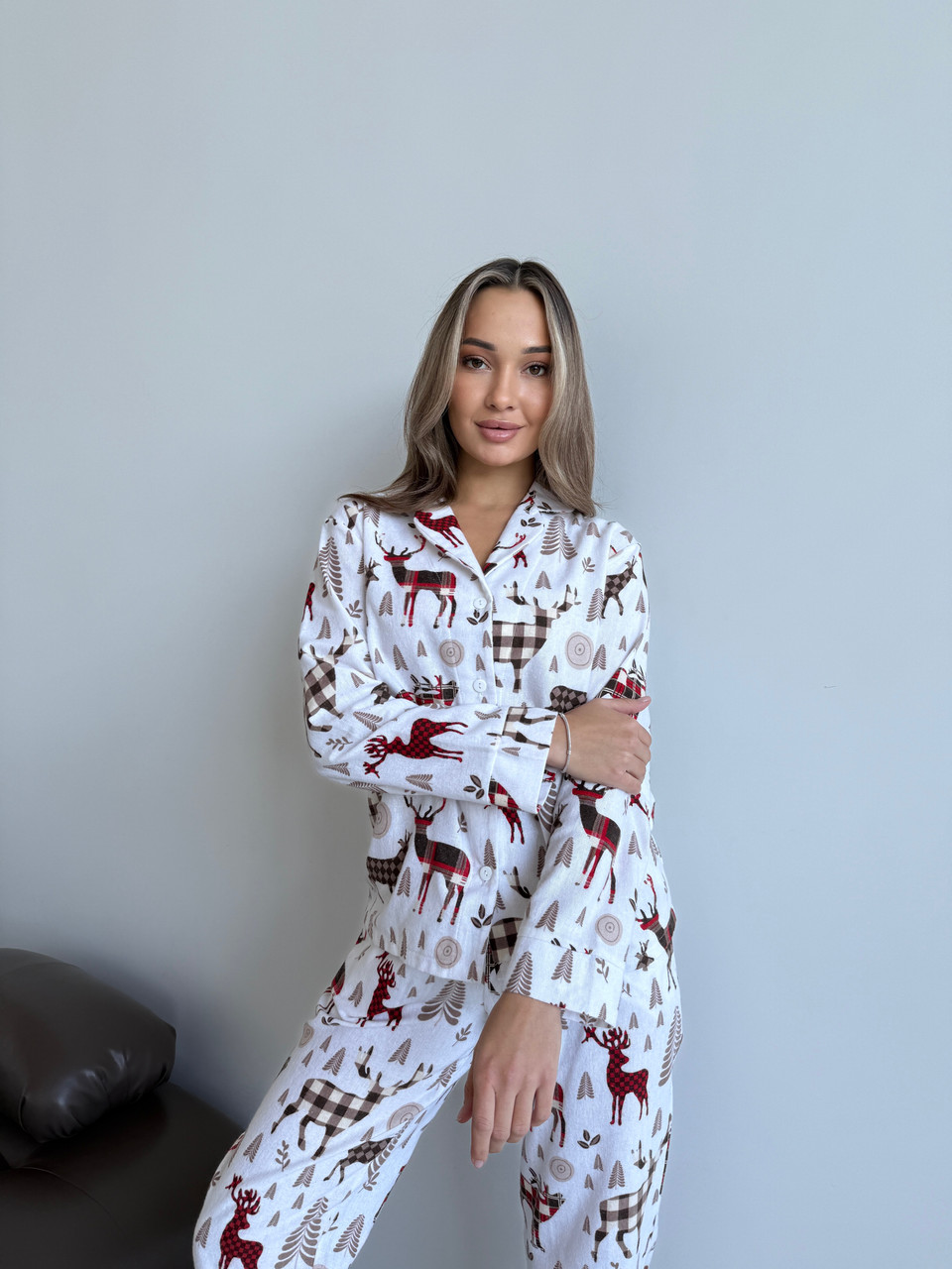 Жіноча піжама ФЛАНЕЛЬ НОВОРІЧНА НОРДІ штани+сорочка COSY МОЛОЧНИЙ ОЛЕНІ F45P, фото 1