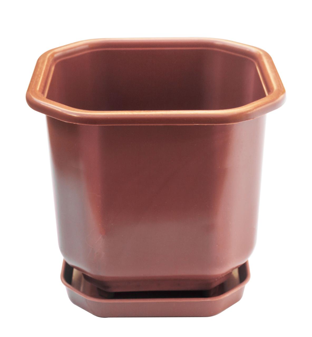 Горщик для квітів 850 мл із підставкою квадратний коричневий 12*12 см (ПП КВВ), фото 1