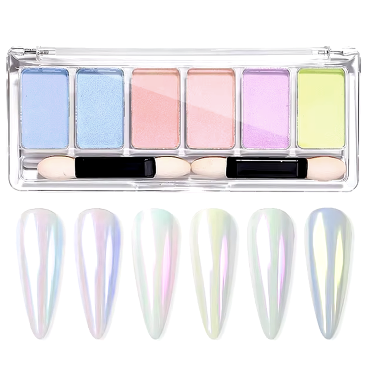 Набір дзеркальної прозорої втирки AURORA для нігтів, 6 шт з перламутром