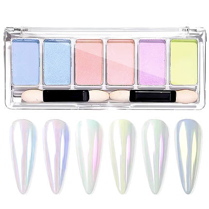 Набір дзеркальної прозорої втирки AURORA для нігтів, 6 шт з перламутром, фото 1