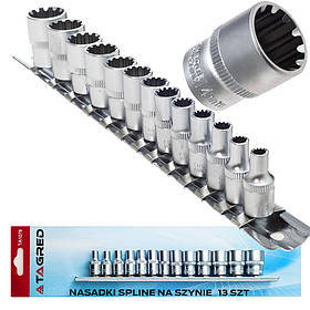 Набір 12-гранних торцевих головок на рейці для автосервісу, 13 предметів Cr-V Tagred TA1078