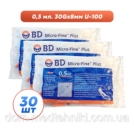 Шприц інсуліновий BD Micro-Fine Plus 0.5 мл (30G) x 8мм., 30 шт., фото 1