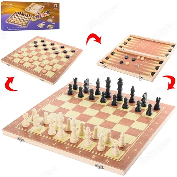 Шахи QP002  дерев'яні, 3в1(шашки/нарди), в кор-ці, 39,5-20,5-4см, фото 1