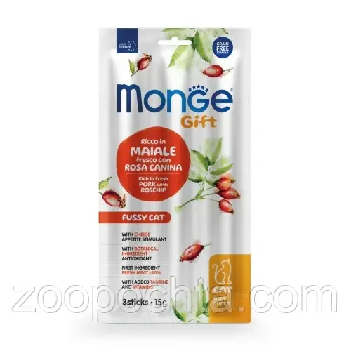 Ласощі для котів Monge (Монж) Gift Fussy Cat свинина з шипшиною і сиром 15 гр 35 шт