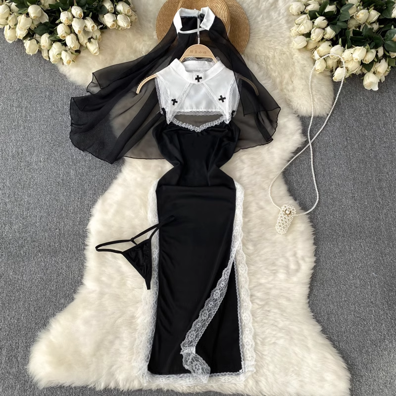 Комплект жіночої білизни — костюм Монашки для рольових ігор (Розмір L), Чорний, фото 1