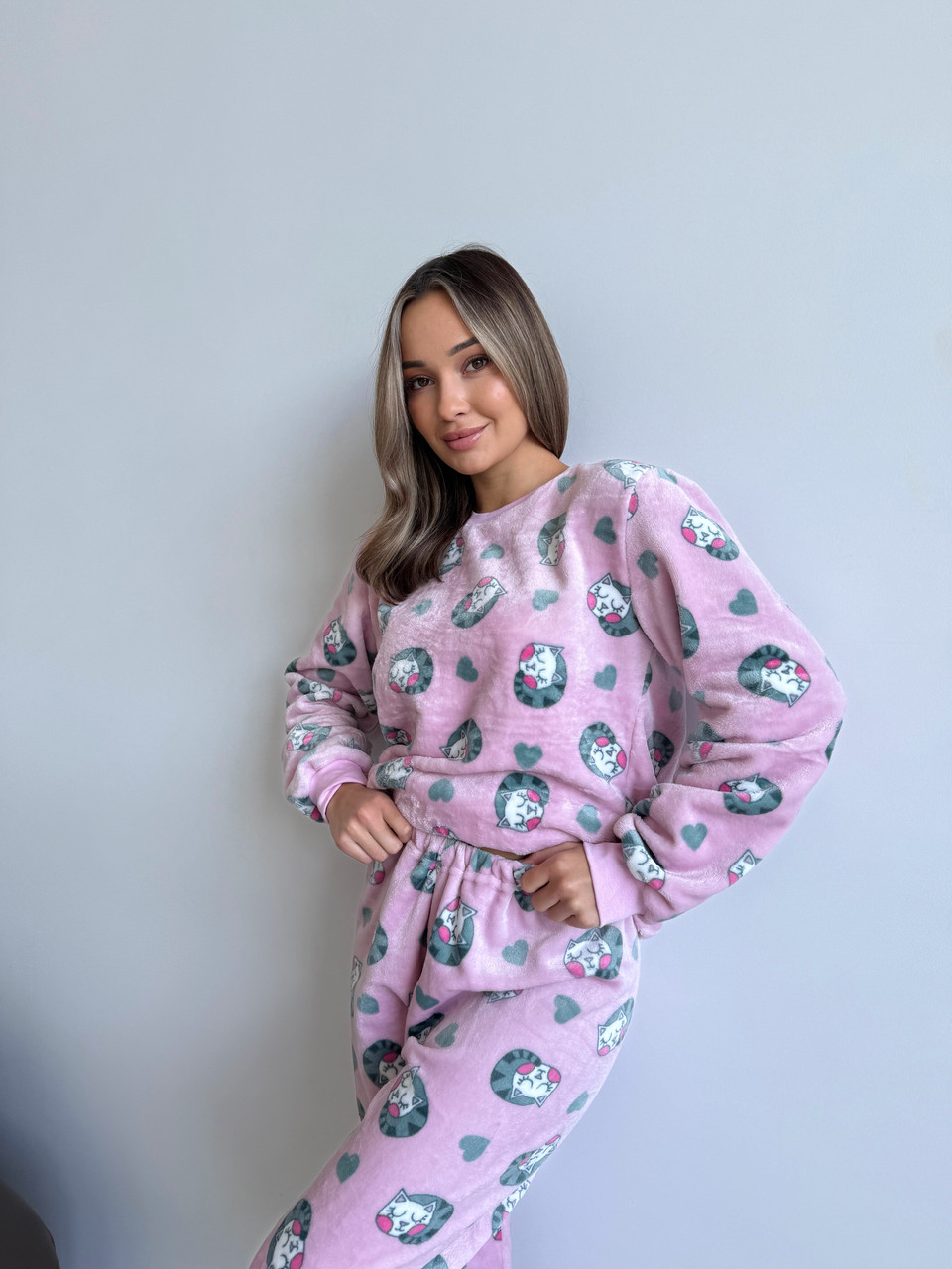 Домашня тепла жіноча піжама COSY Мяу-Лав з велсофта
