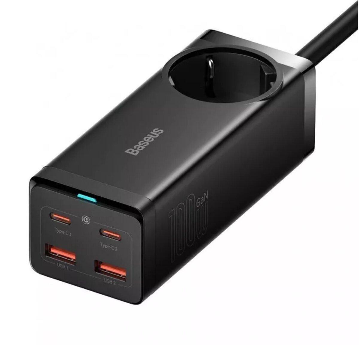 Мережевий зарядний пристрій Baseus GaN3 Pro Desktop Powerstrip AC+2U+2C 100W EU Black (With Mini White Cable