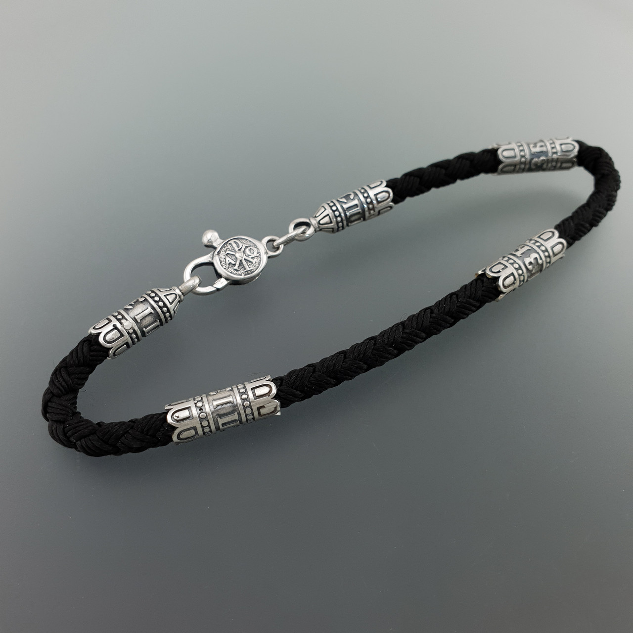 ШОВКОВИЙ БРАСЛЕТ ЗІ СРІБНИМИ ВСТАВКАМИ ТА ЗАМКОМ. ЧОЛОВІЧИЙ БРАСЛЕТ СПАСИ І ЗБЕРЕЖИ ДІАМЕТР 4 ММ, 19 СМ ДОВЖИНА