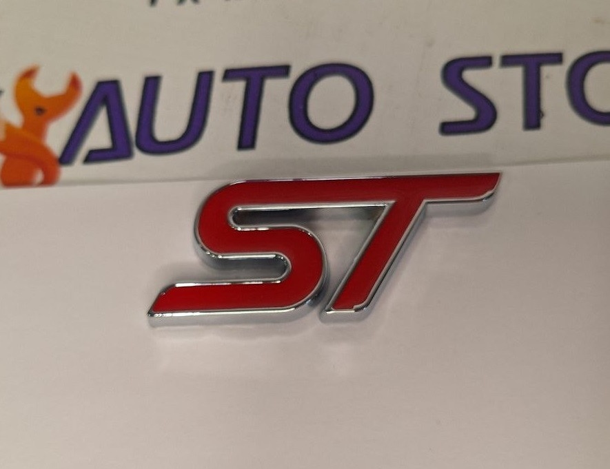 Емблема шильдік логотип ST червона з хром кантом на скотчі для автомобілів FORD, фото 1