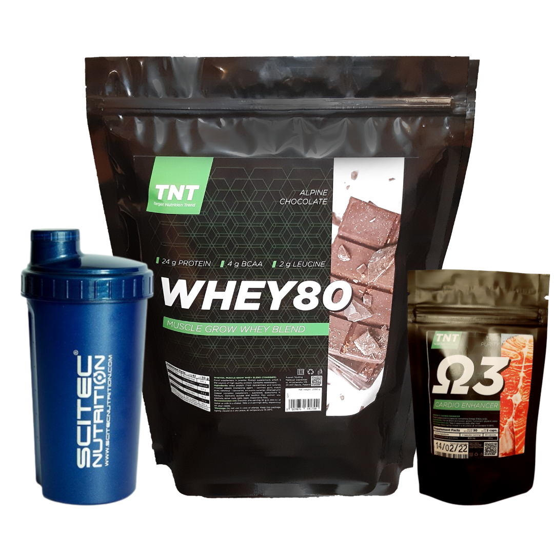 Протеїн Whey 80 для набору м'язової маси 2 кг Польща + Омега 3 та Шейкер