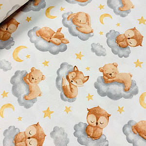 Фланелева тканина, тваринки на сірих хмарах із зірочками на білому (шир. 2,4 м) (FL-N-0352)