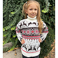 Дитячий і підлітковий новорічний светр з оленями орнамент з горлом вовняний для хлопчика/дівчинки білий