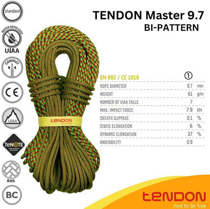 Динамічна альпіністська мотузка Tendon Master 9.7 STD Bicolor (Red/Green), 70 м, фото 3