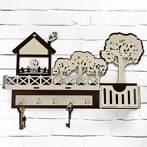 Настінна ключниця з дерева "Садиба з котами" 33 х 56 см. Ідеальний подарунок до будь-якого свята.