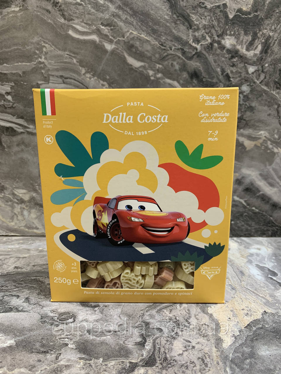 Дитячі макарони Dalla Costa Cars зі шпинатом та томатами 250 грм