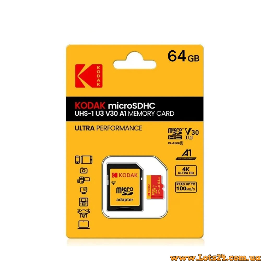Карта пам'яті Kodak micro SD XC kodak 64Gb U3 V30 A1 class 10 картка пам'яті кодак 64ГБ мікро сд microsdxc 4K 1080p
