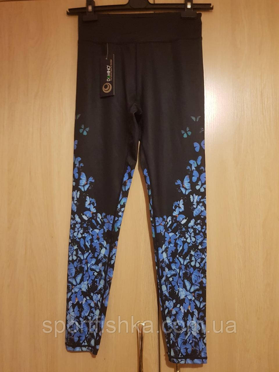 Лосини штани жіночі з принтом Domino розмір М чорні сині метелики, фото 1
