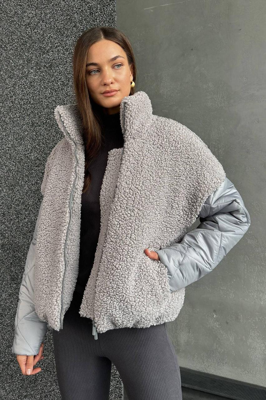 Коротка зимова куртка з штучним хутром овчини 44-48 розміри сіра, фото 1