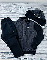 Мужской теплый спортивный костюм Armani, зимний утепленный классический спорт костюм Армани с капюшоном fms