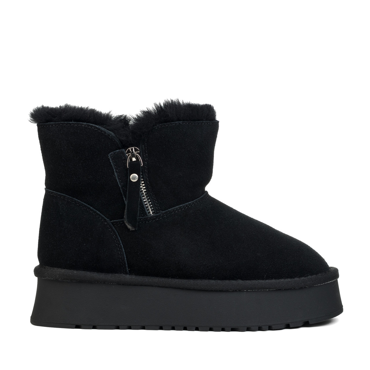 Уггі зимові жіночі замшеві на високій товстій підошві та масивній платформі з хутром чорні, фото 1