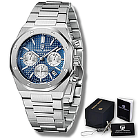 Стальные наручные часы с датой водонепроницаемые 200 м с синим циферблатом кварцевые Pagani Design 1707